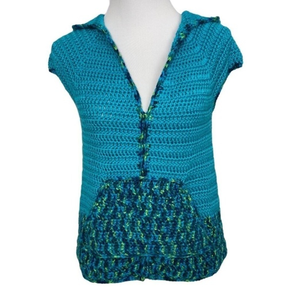 Created By Cyd Crochet Hooded Sweater Teal V-Neck‎ Kangaroo Pocket Acrylic NEW